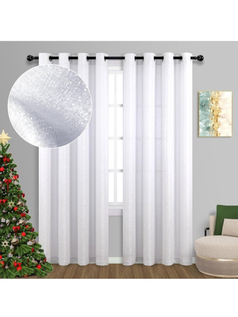 White Silver Curtains 108" Grommet Semi Sheer Shiny Sparkle (pack of 2)